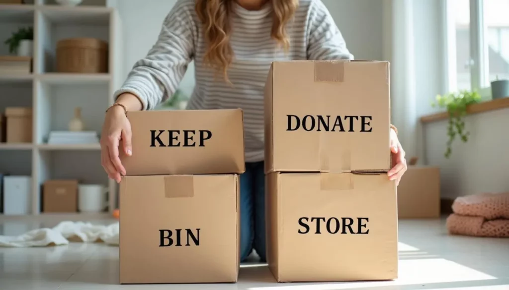 Person sorting household items into four labelled boxes — Keep, Donate, Bin, and Store — showing how to clear clutter step by step.