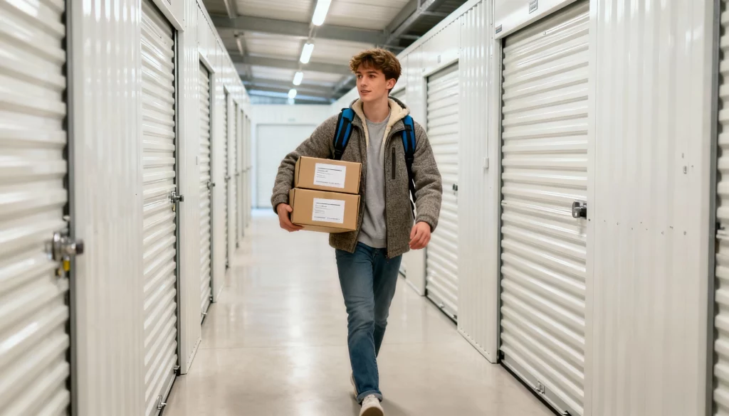 Student walking down an aisle of storage units