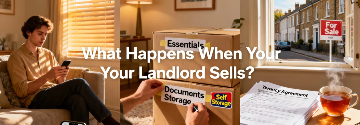 A realistic collage showing what happens when your landlord sells: a tenant reads a message about the property being for sale, labels moving boxes, and sits near a window with a ‘For Sale’ sign outside and tenancy papers on a box.