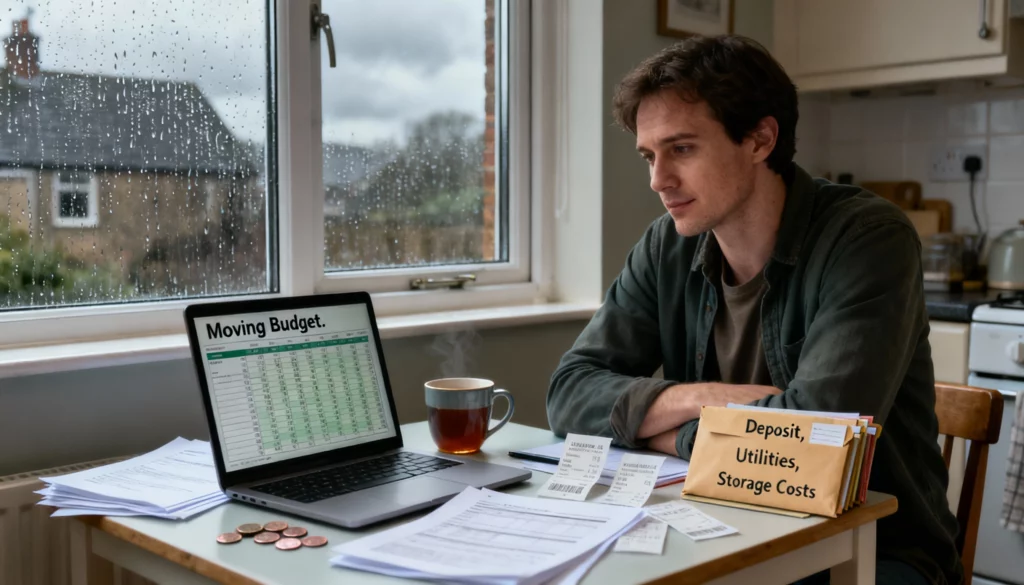 A tenant sits at a kitchen table reviewing a moving budget on a laptop with receipts, envelopes marked Deposit and Utilities, and a mug of tea beside them.