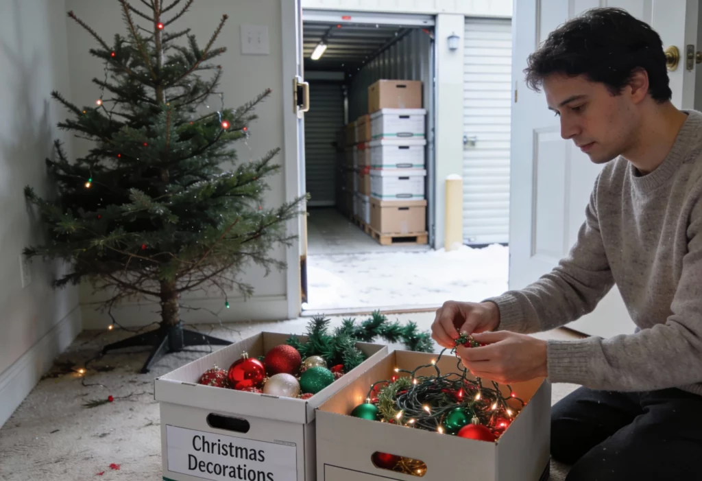 January Storage | A man packing boxes of Christmas decorations, preparing them for a self storage facility