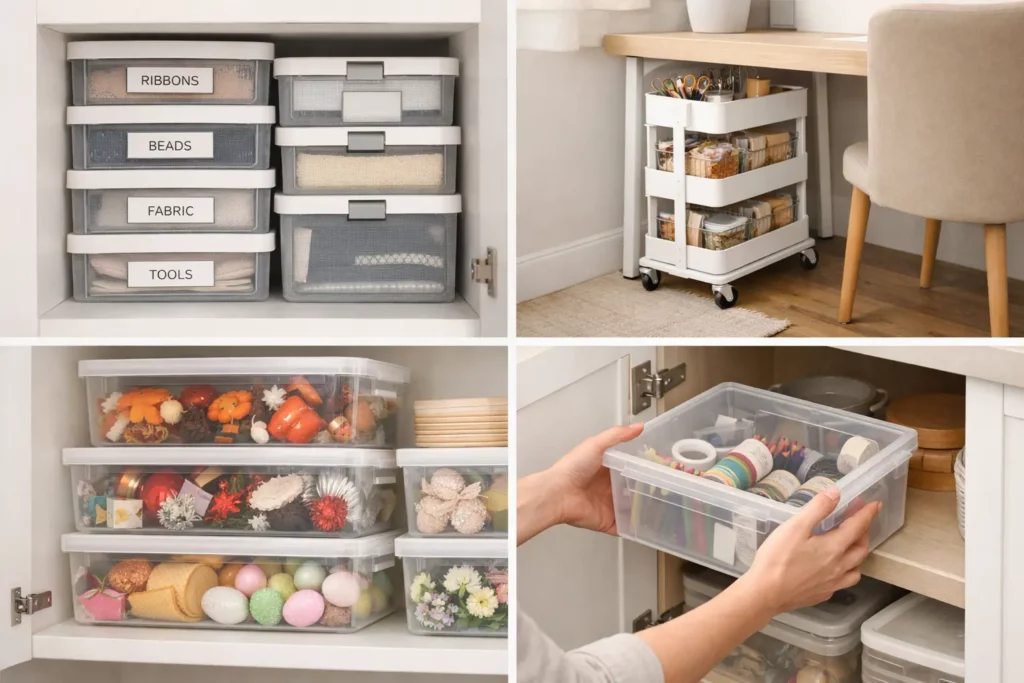 Shared home space where hobby craft supplies are neatly stored out of sight with storage boxes visible in an open cupboard nearby