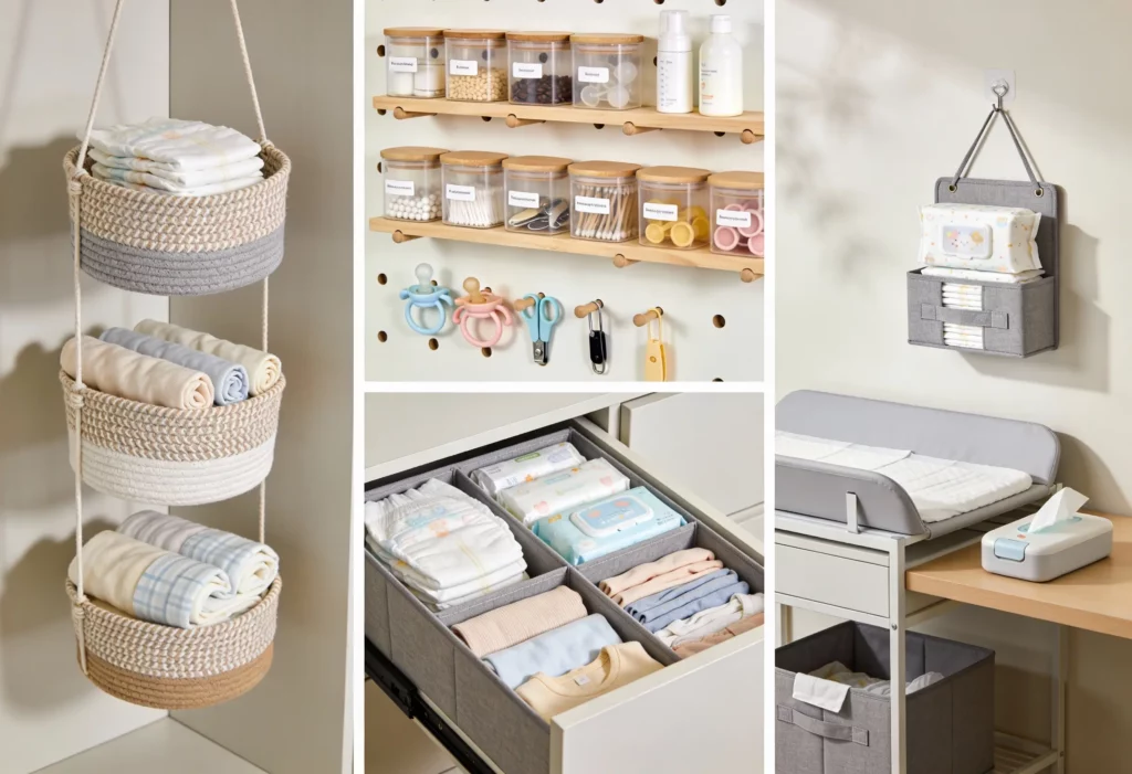 Nursery with hanging baskets, peg board storage, and organised drawers keeping everyday baby essentials within easy reach.