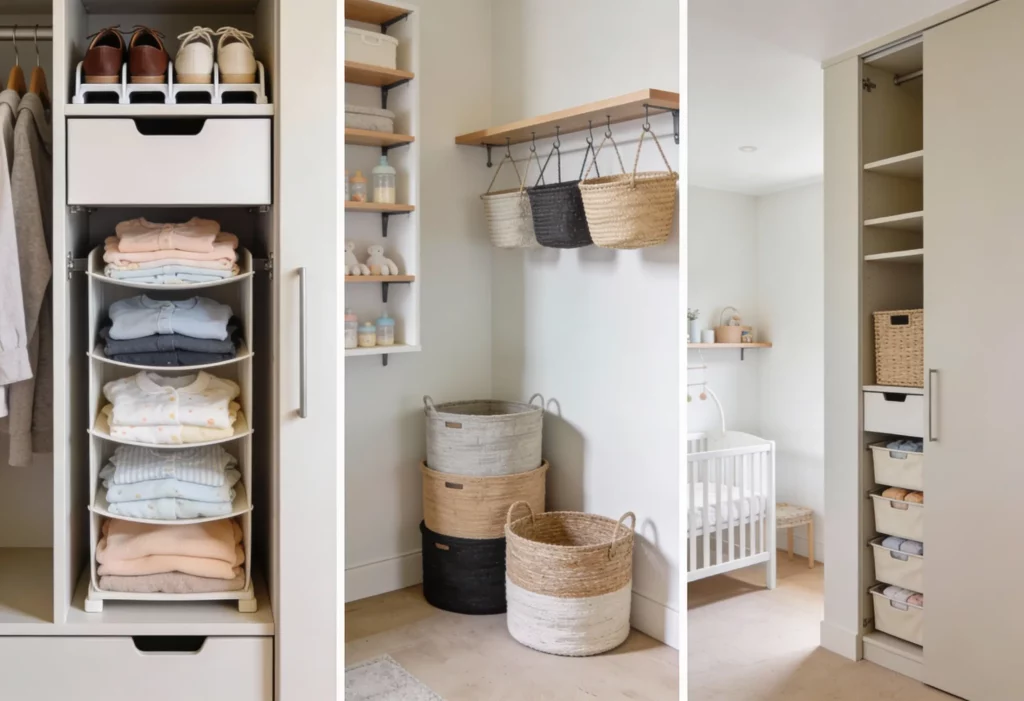 Nursery storage ideas for small or shared spaces, featuring vertical storage, shoe risers in drawers, and flexible storage baskets in a compact nursery.