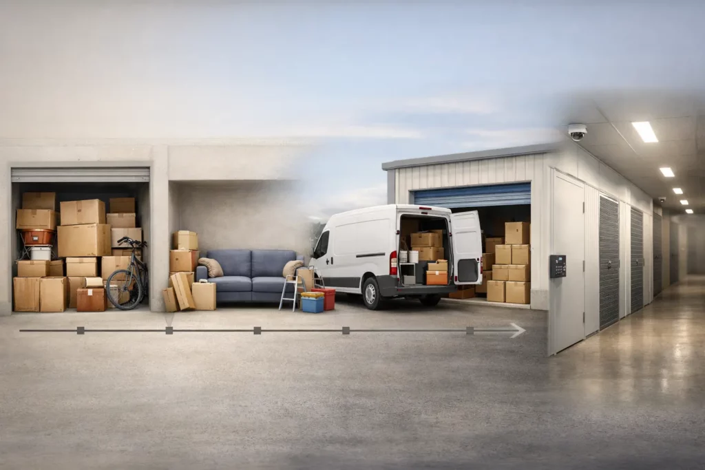 Illustration showing the transition from a cluttered home to organised self storage using a moving van and secure storage units.