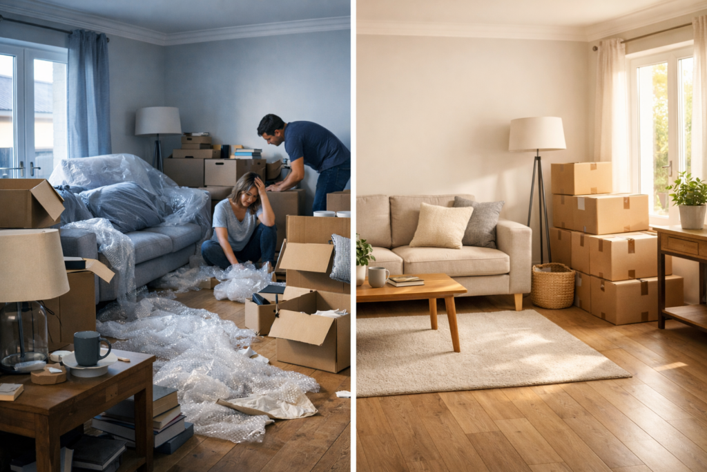 Split image showing a cluttered moving day scene contrasted with a calm, decluttered living room prepared for a staged move.