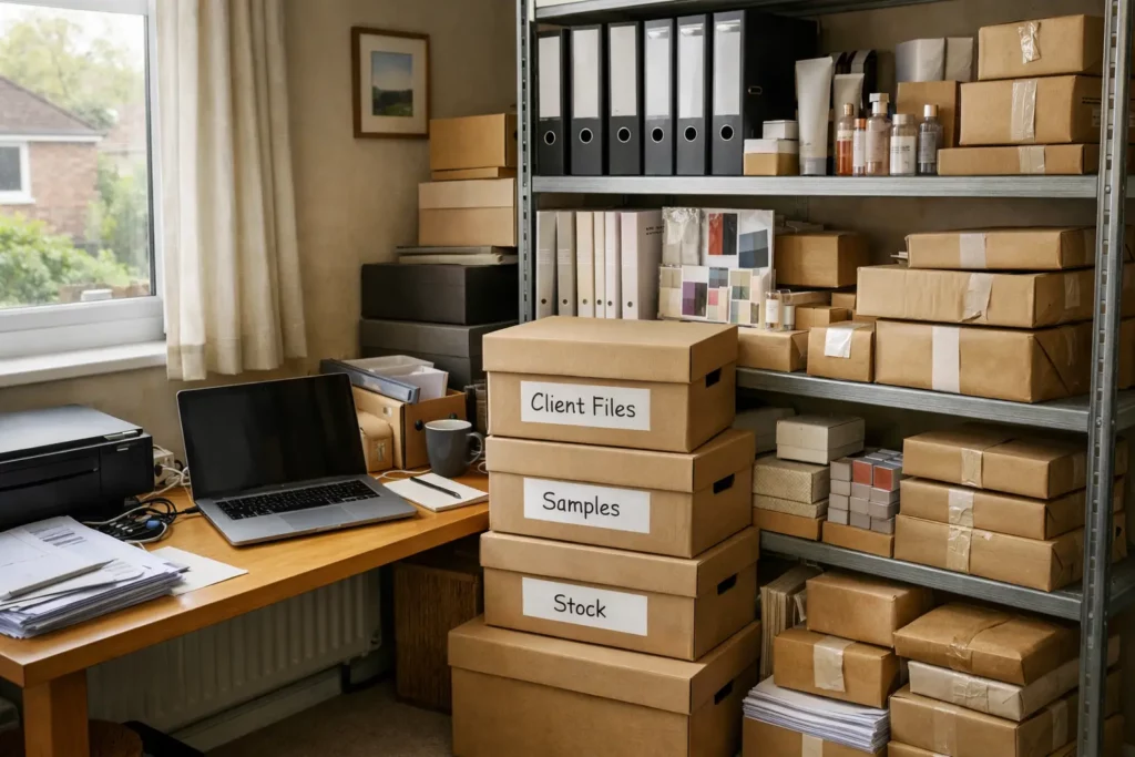 Remote worker’s home office with shelves of client files, boxes of supplies and parcels showing how working from home can quickly take over household space.