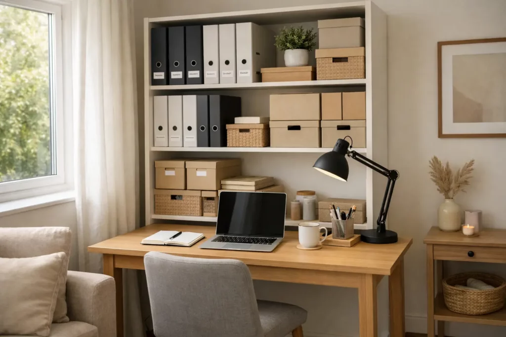 Organised home office corner with desk, laptop and shelving defining a dedicated workspace for working from home.