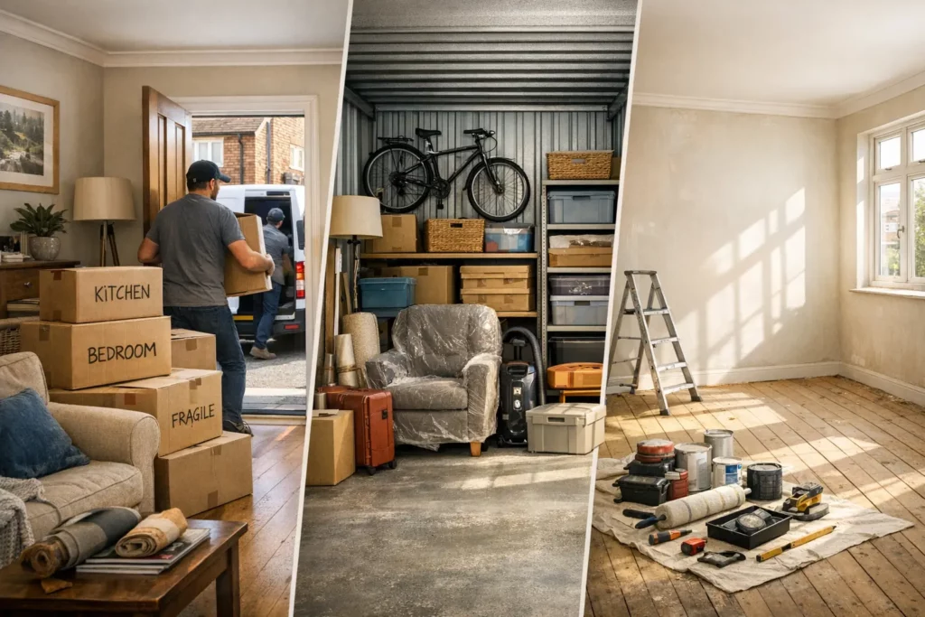 Editorial-style photographic composition showing a clear home renovation workflow in one cohesive scene.