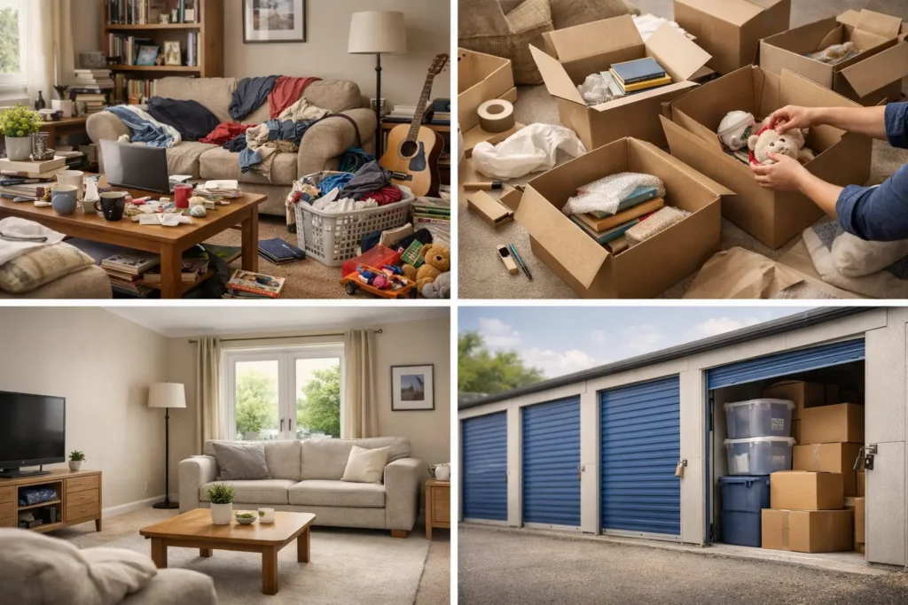 Home being reorganised with boxes packed and rooms cleared to create more space instead of moving house.