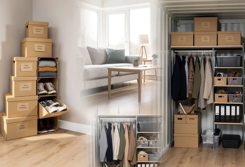 Collage showing small home storage process with packed boxes, items being removed and a clean uncluttered living space.