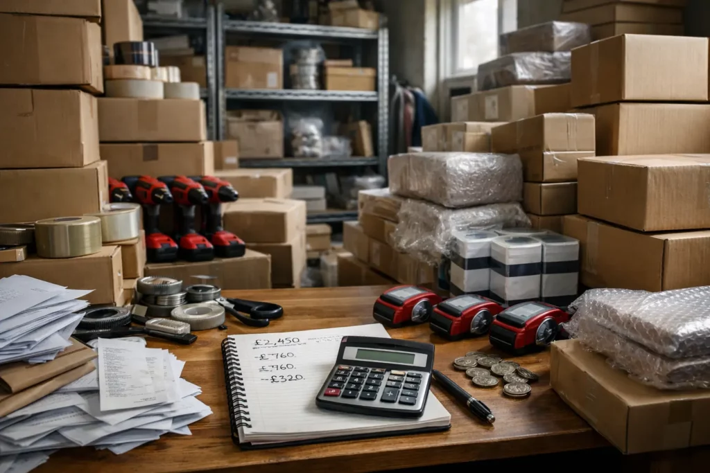 Small business workspace showing clutter, duplicate items and time lost searching, illustrating the hidden cost of limited business storage space.