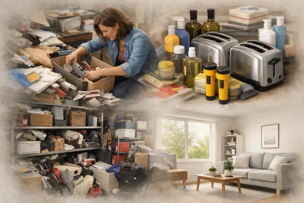Person searching through cluttered drawer and boxes, illustrating how the cost of clutter wastes time daily.