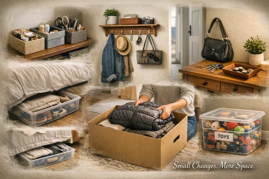 Home storage ideas including shelves, boxes and organised spaces showing simple DIY personal storage solutions.